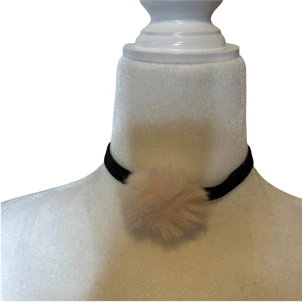 Pink Fur Pouf Black Suede Look Ribbon Chocker